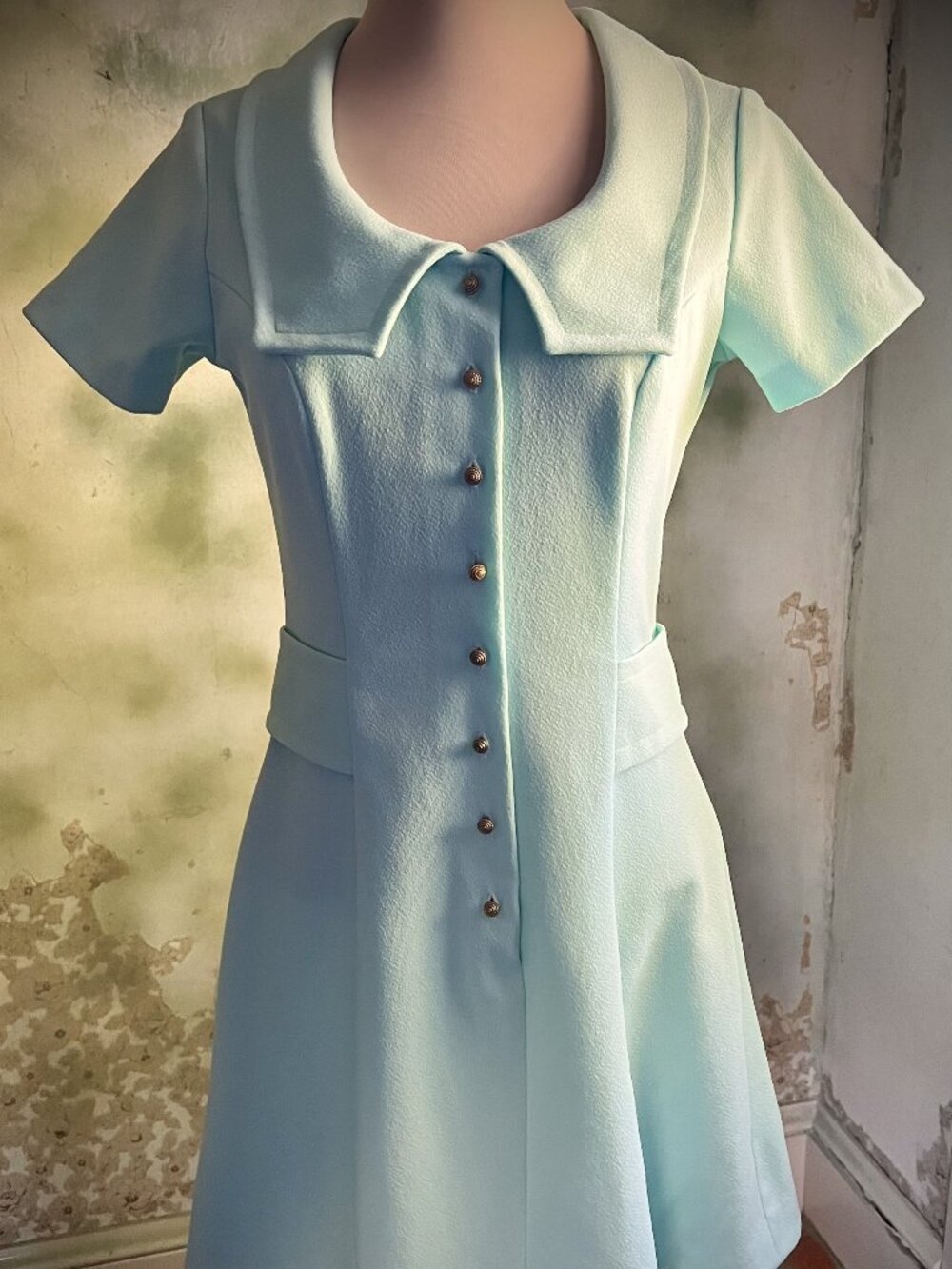 Vintage Sears Jr. Bazaar 60s Mod Mint Mini Dress Gold Buttons XS S